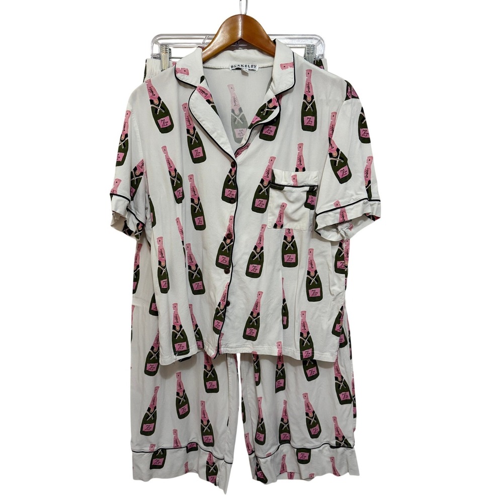 Blakeley Women Pajama Set L/XL White Champagne Bottle Print Celebration Preppy